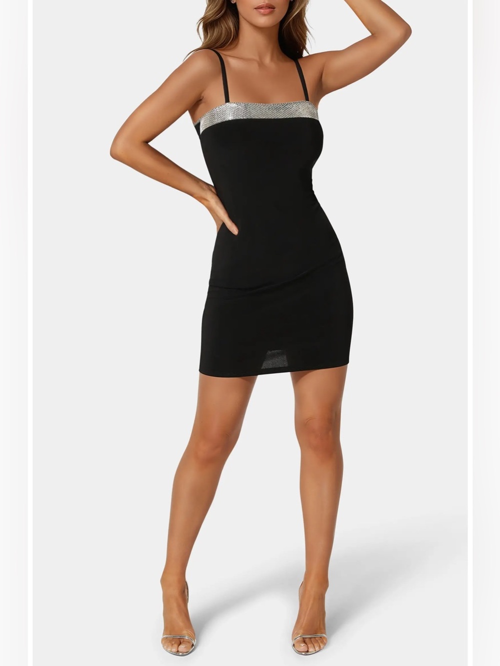 NWOT- Bebe Rhinestone Trim Stretch Jersey Minidress, black/silver, size Large